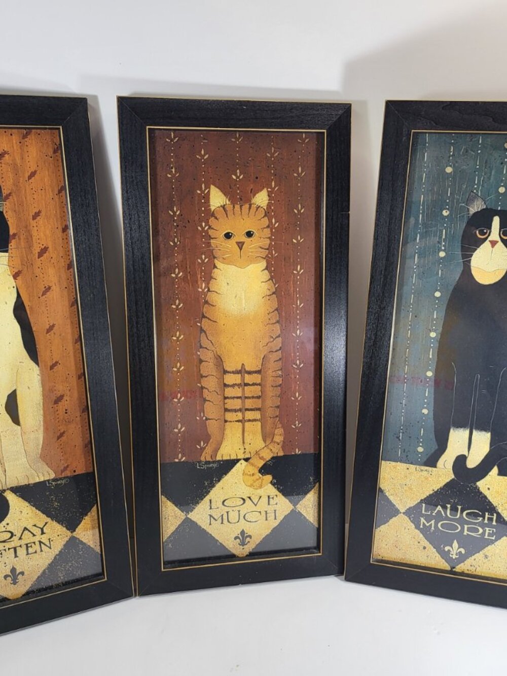 Vintage Linda Spivey Primitive Folk Art Cat Framed Prints, Set of 3 Triptych - Picture 2 of 6